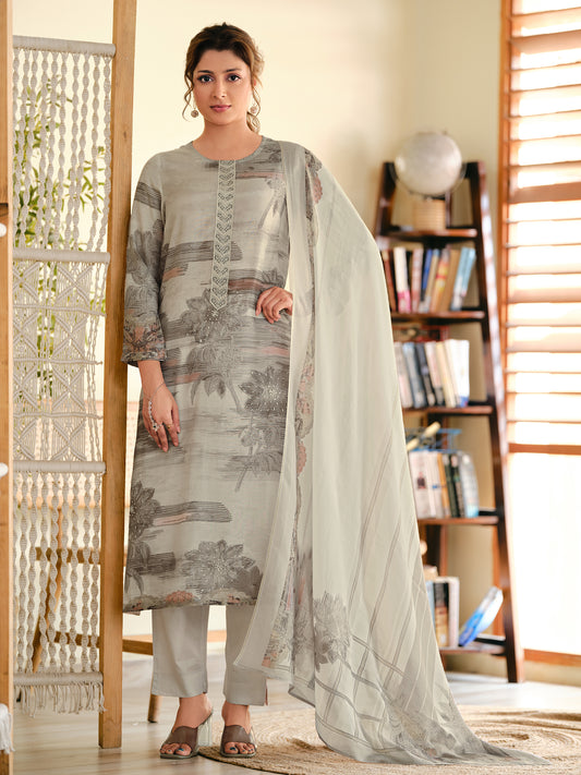 ASMITA CREAM Pure Muslin Unstitched Set With Fancy Handwork And Embroidery