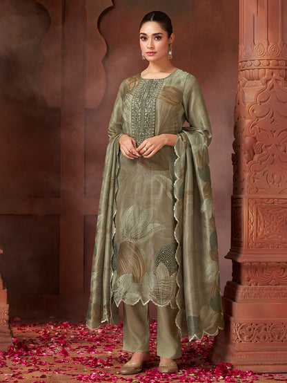 KASHVI Mehendi -  Simmer Unstitched Set With  Handwork & Embroidery