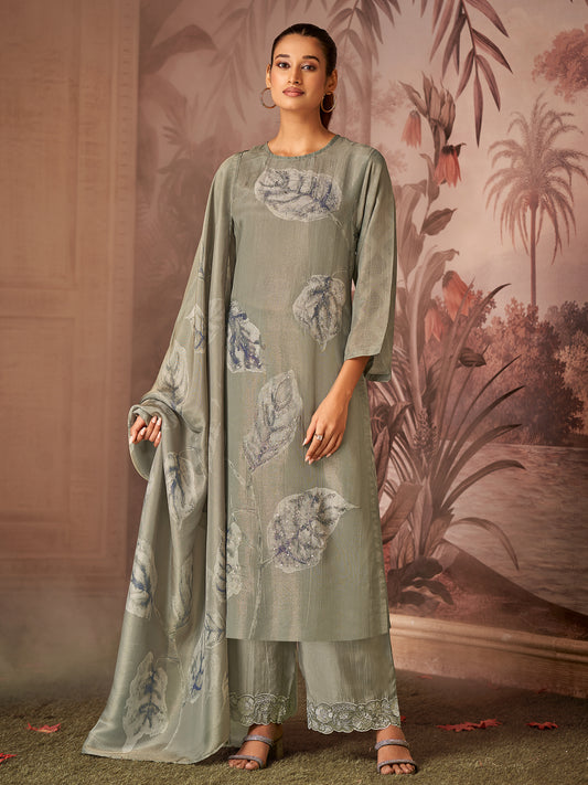 RASHAM Elegant Green Pure Simmer Jaquard Suit Set With Exquisite Handwork & Embroidery