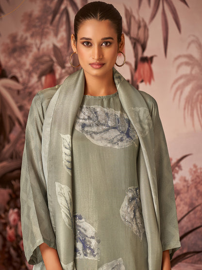 RASHAM Elegant Green Pure Simmer Jaquard Suit Set With Exquisite Handwork & Embroidery
