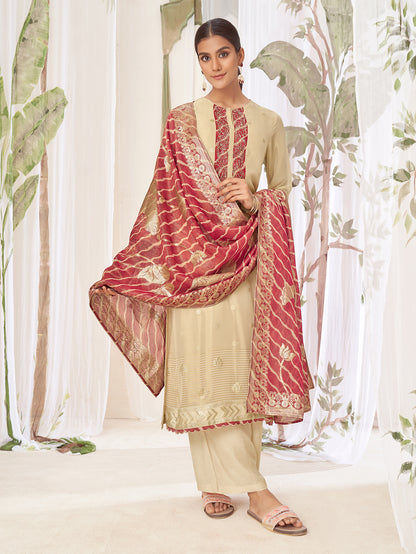 GEETANJALI Red Fancy Jaquard Unstitched Set With Handwork Embroidery