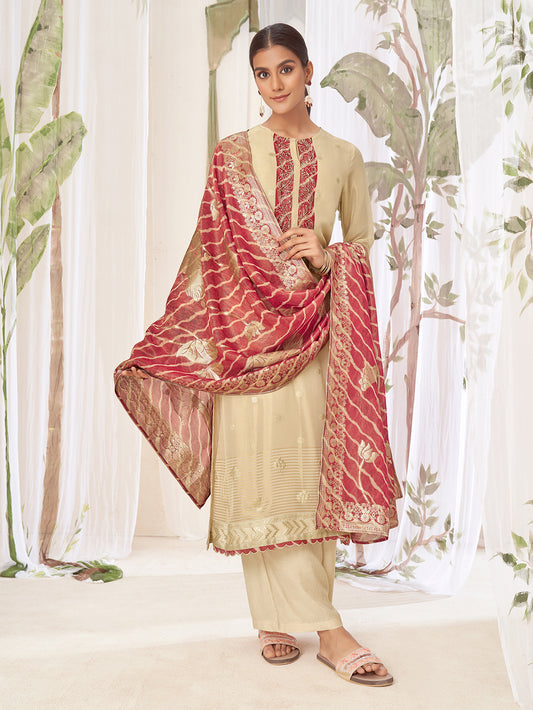 GEETANJALI Red Fancy Jaquard Unstitched Set With Handwork Embroidery