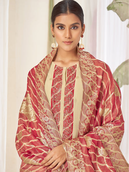 GEETANJALI Red Fancy Jaquard Unstitched Set With Handwork Embroidery