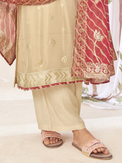 GEETANJALI Red Fancy Jaquard Unstitched Set With Handwork Embroidery