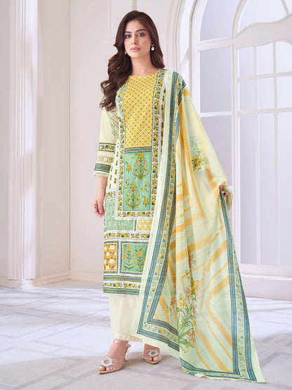 JUHI LEMON YELLOW Pure Cotton Unstitched Set with Elegant Handwork