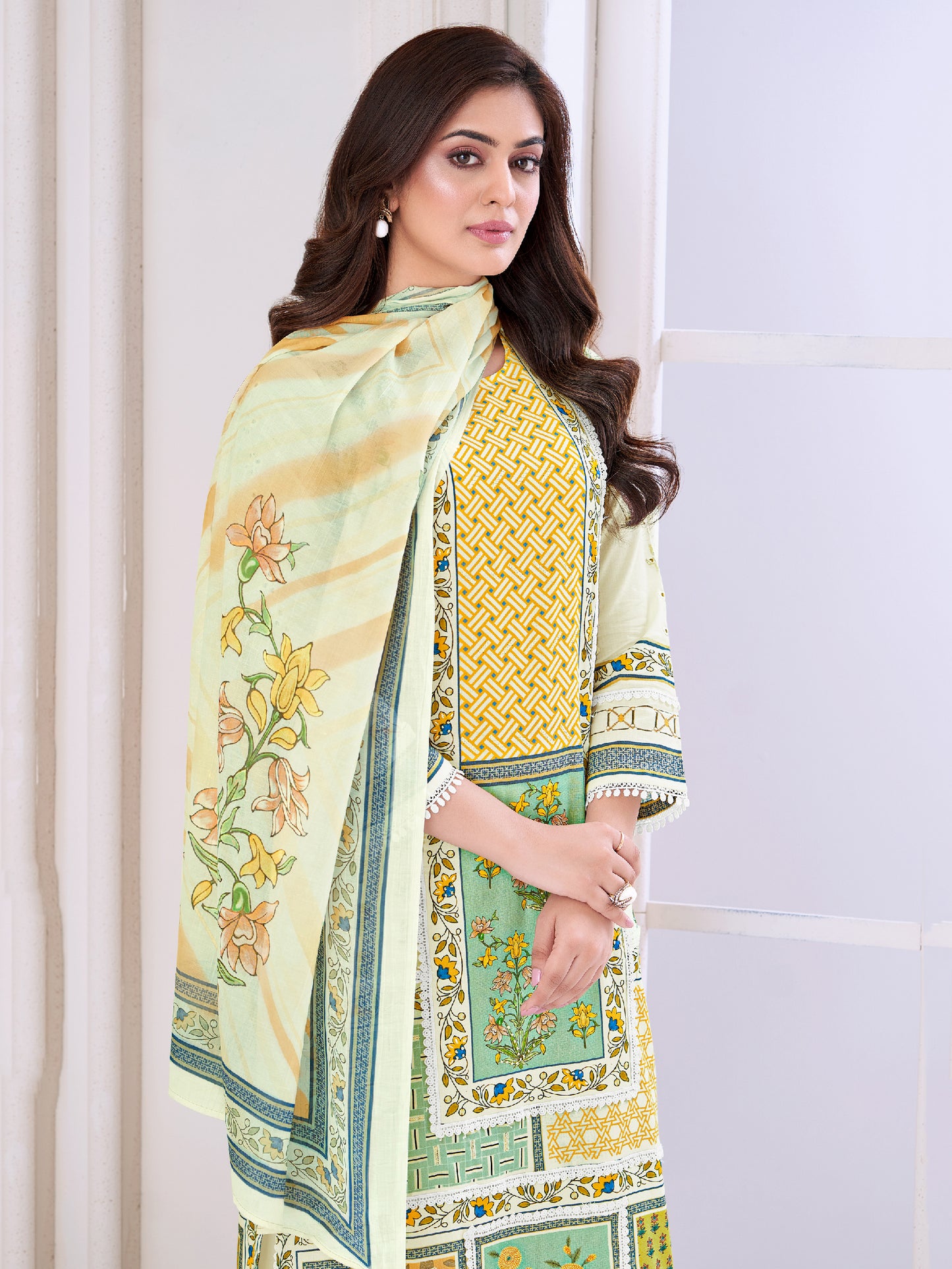 JUHI LEMON YELLOW Pure Cotton Unstitched Set with Elegant Handwork