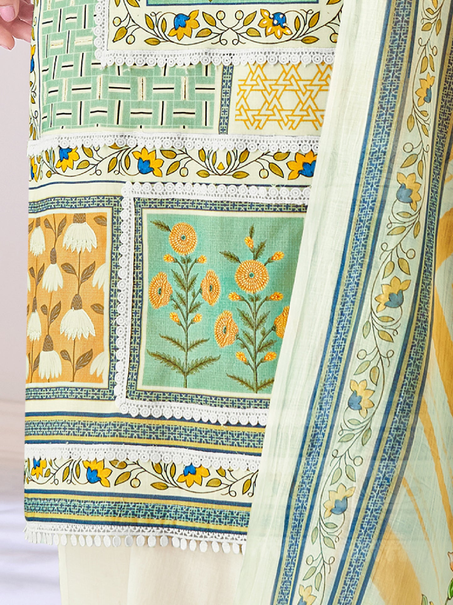 JUHI LEMON YELLOW Pure Cotton Unstitched Set with Elegant Handwork