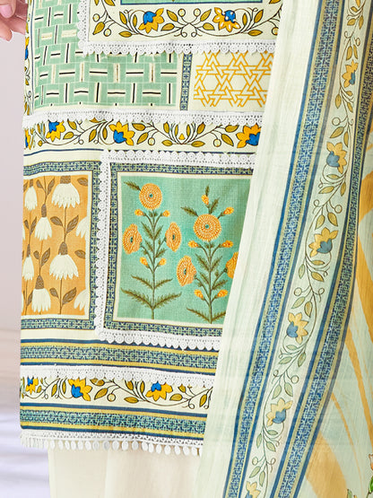 JUHI LEMON YELLOW Pure Cotton Unstitched Set with Elegant Handwork