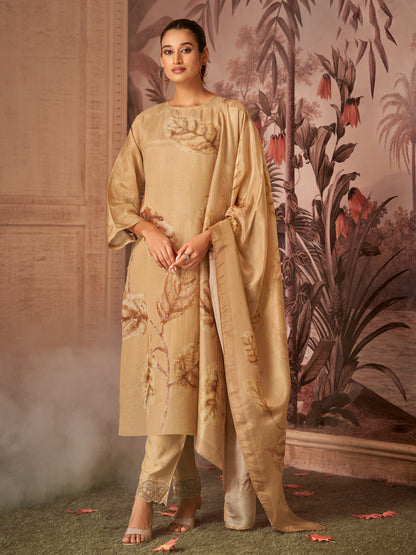 RASHAM Elegant Mustard Pure Simmer Jaquard Suit Set With Exquisite Handwork & Embroidery
