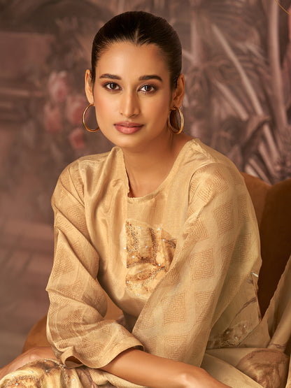 RASHAM Elegant Mustard Pure Simmer Jaquard Suit Set With Exquisite Handwork & Embroidery