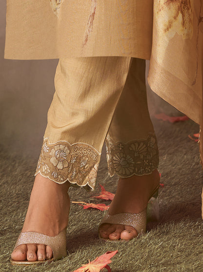 RASHAM Elegant Mustard Pure Simmer Jaquard Suit Set With Exquisite Handwork & Embroidery