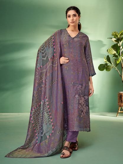 JANASYA VIOLET Simmar Crush Suit Set With Fancy Handwork & Embroidery Patch Work