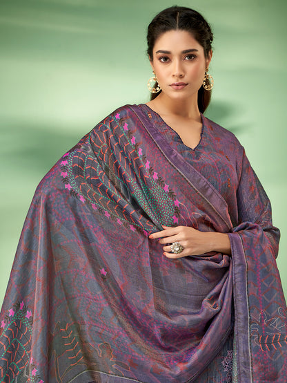 JANASYA VIOLET Simmar Crush Suit Set With Fancy Handwork & Embroidery Patch Work