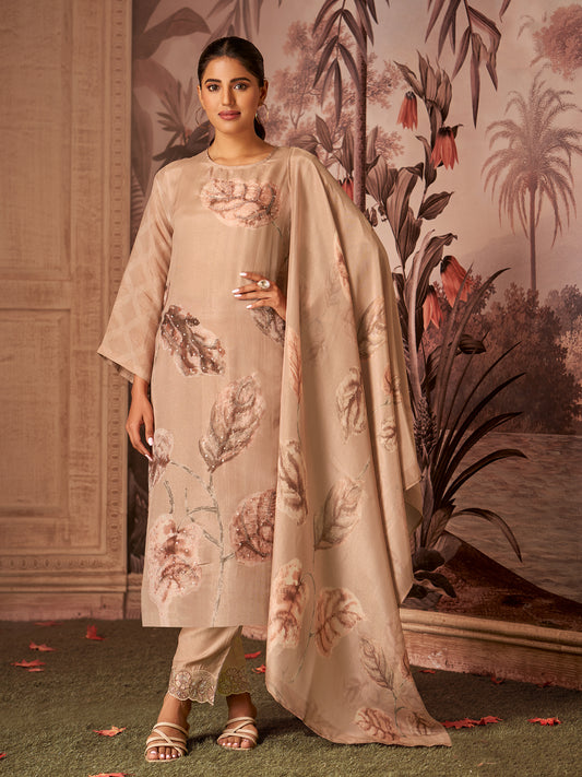 RASHAM Elegant Light Chicku Pure Simmer Jaquard Suit Set With Exquisite Handwork & Embroidery