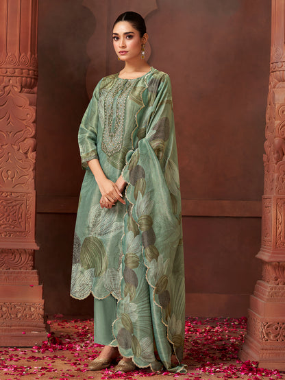 KASHVI Rama Green - Simmer Unstitched Set With  Handwork & Embroidery