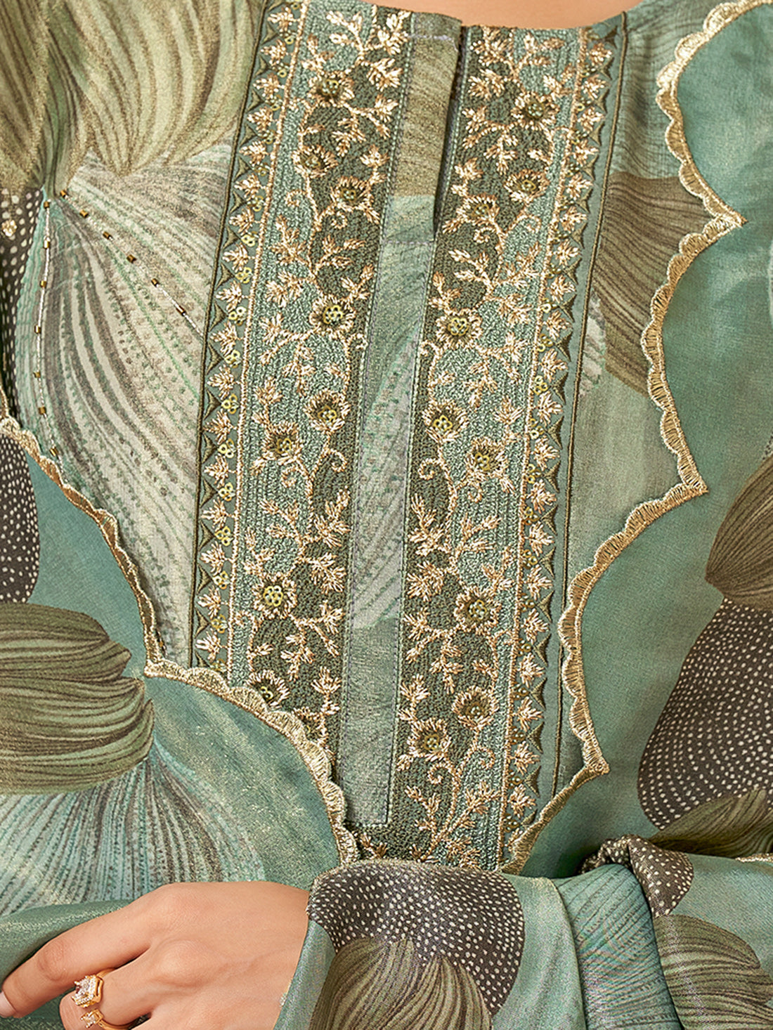 KASHVI Rama Green - Simmer Unstitched Set With  Handwork & Embroidery