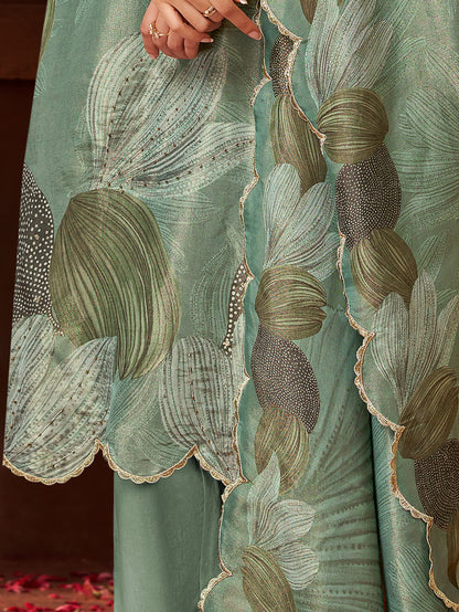 KASHVI Rama Green - Simmer Unstitched Set With  Handwork & Embroidery