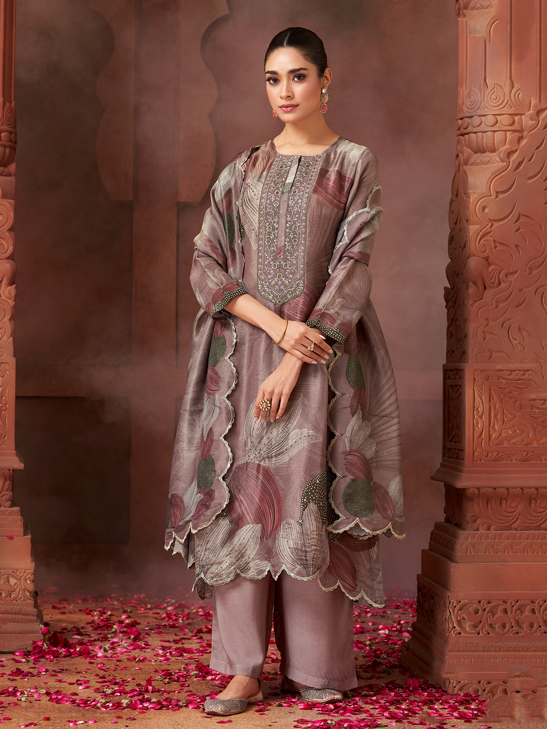 KASHVI Metallic violet - Simmer Unstitched Set With  Handwork & Embroidery