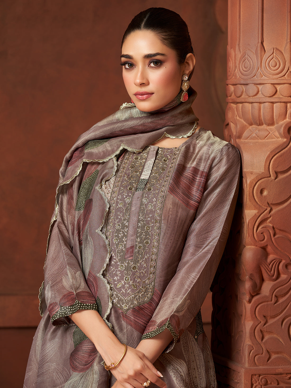 KASHVI Metallic violet - Simmer Unstitched Set With  Handwork & Embroidery