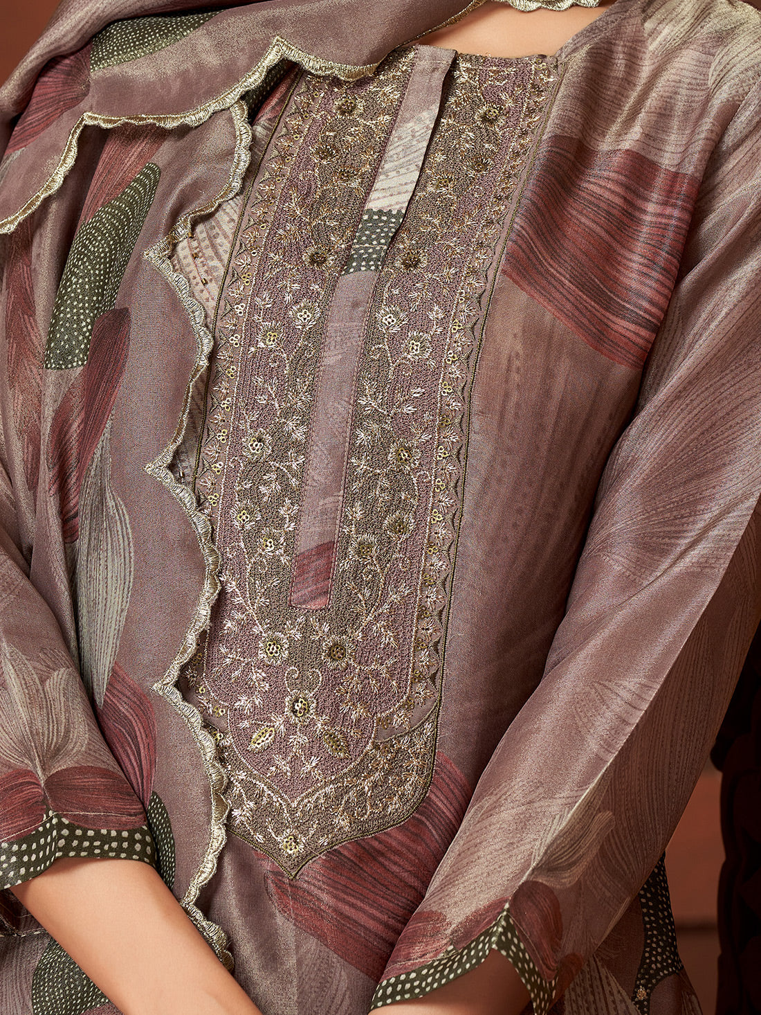 KASHVI Metallic violet - Simmer Unstitched Set With  Handwork & Embroidery