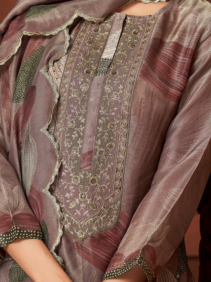 KASHVI Metallic violet - Simmer Unstitched Set With  Handwork & Embroidery