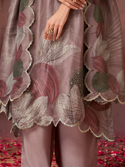 KASHVI Metallic violet - Simmer Unstitched Set With  Handwork & Embroidery