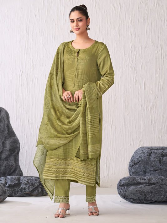 Jhil Mil HandCrafted Italian Satin  Kurta Unstitched Set with Dupatta
