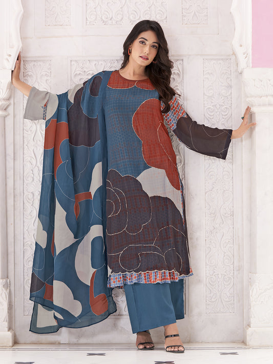 RIHALA Dark Firoji Martin Orgenza Unstitched Set With Hand work