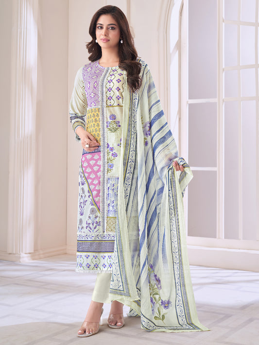 JUHI CREAM Pure Cotton Unstitched Set with Elegant Handwork