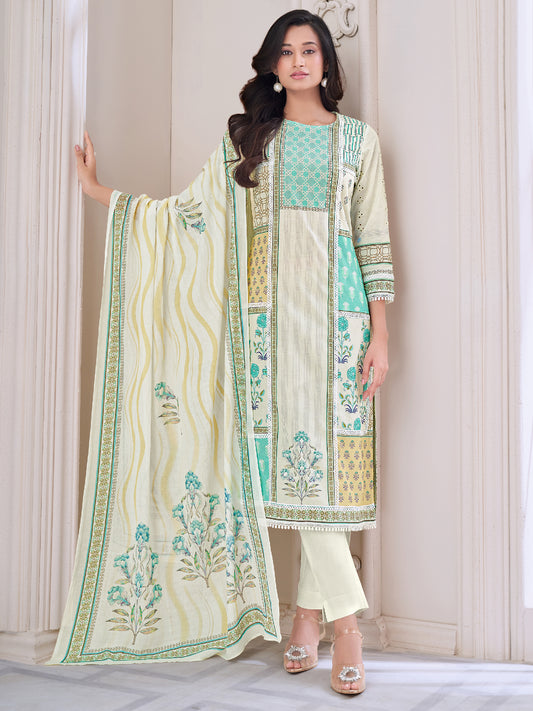 JUHI LIGHTOLIVEGREEN Pure Cotton Suit Set with Elegant Handwork