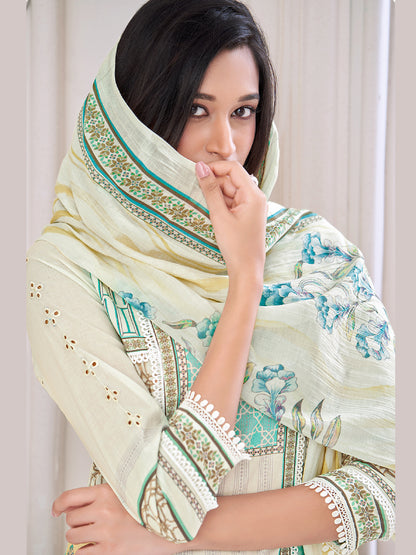 JUHI LIGHTOLIVEGREEN Pure Cotton Unstitched Set with Elegant Handwork