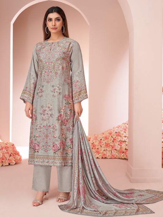 KAVITA Light Grey -  Muslin Suit Set With  Handwork & Threadle