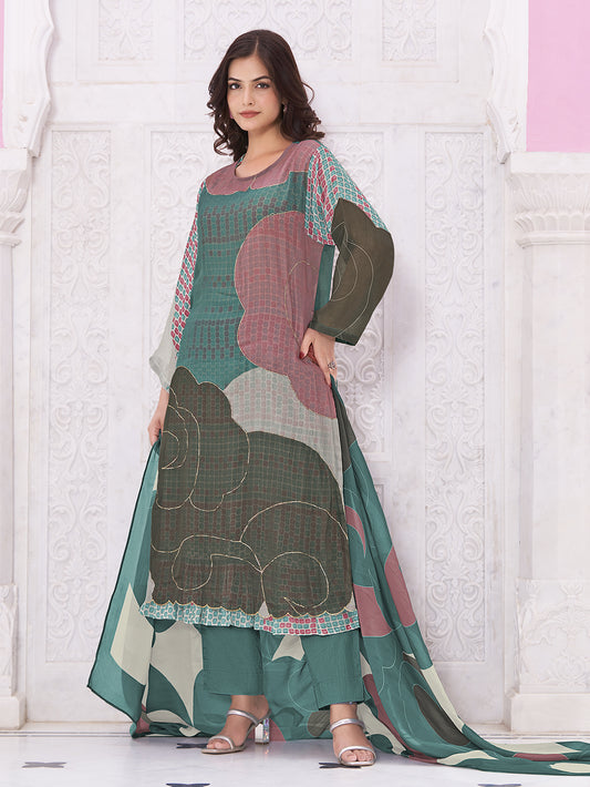 RIHALA Rama Green Martin Orgenza Suit Set With Hand work