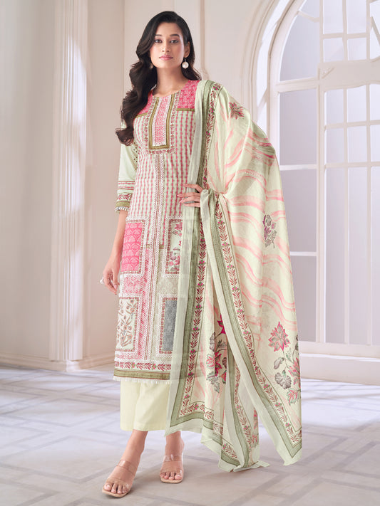 JUHI SOFTBEIGE Pure Cotton Suit Set with Elegant Handwork