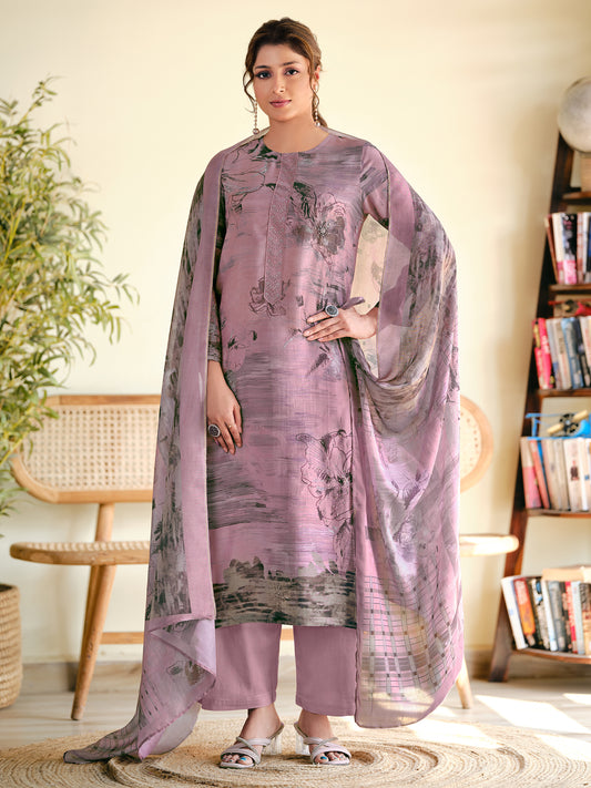 ASMITA LIGHTPURPLE Pure Muslin Unstitched Set With Fancy Handwork And Embroidery