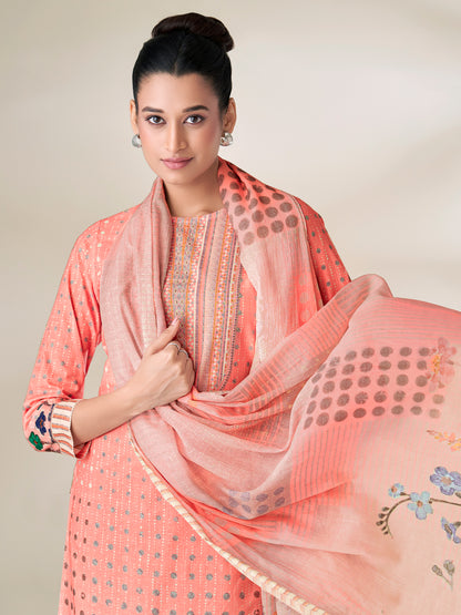 SHWET PEACH Pure Cotton Unstitched Set with Handwork Elegance