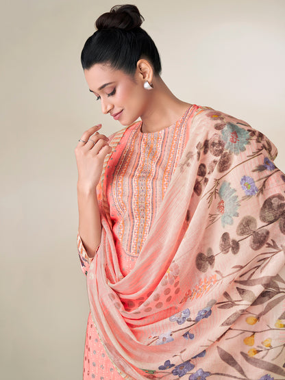 SHWET PEACH Pure Cotton Unstitched Set with Handwork Elegance