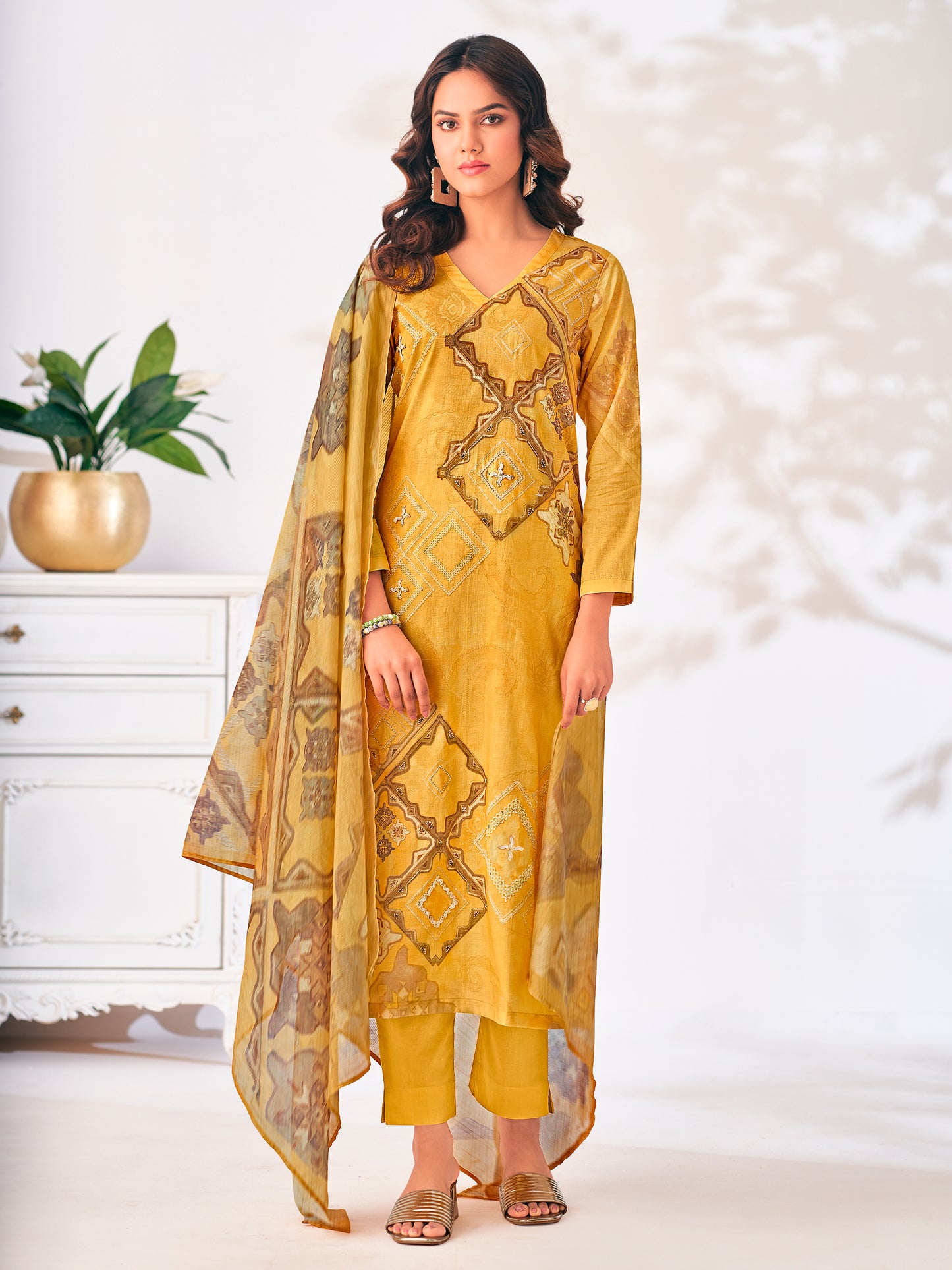 Zerina Yellow Blossom Pure Cotton Suit Set with Exquisite Handwork