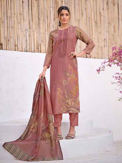 HAYAT RUST Organza Tissu Jaquard Unstitched Set With Fancy Handwork And Embroidery