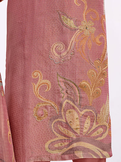 HAYAT RUST Organza Tissu Jaquard Unstitched Set With Fancy Handwork And Embroidery