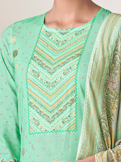 SHWET MINTGREEN Pure Cotton Unstitched Set with Handwork Elegance