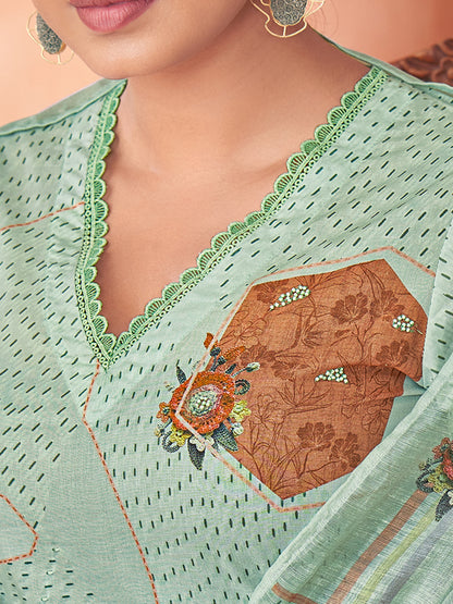 Suvya Light Green Pure Cotton Unstitched Set with Exquisite Handwork