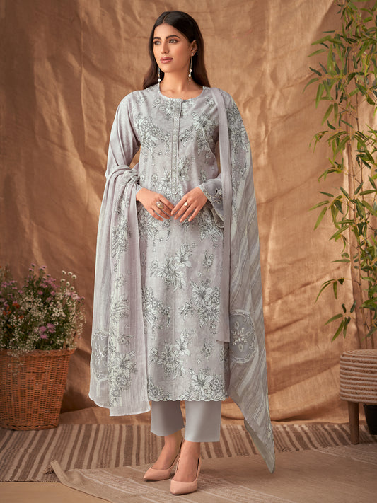 PRISHA LIGHTGREY Pure Cotton Suit Set with Intricate Handwork and Embroidery