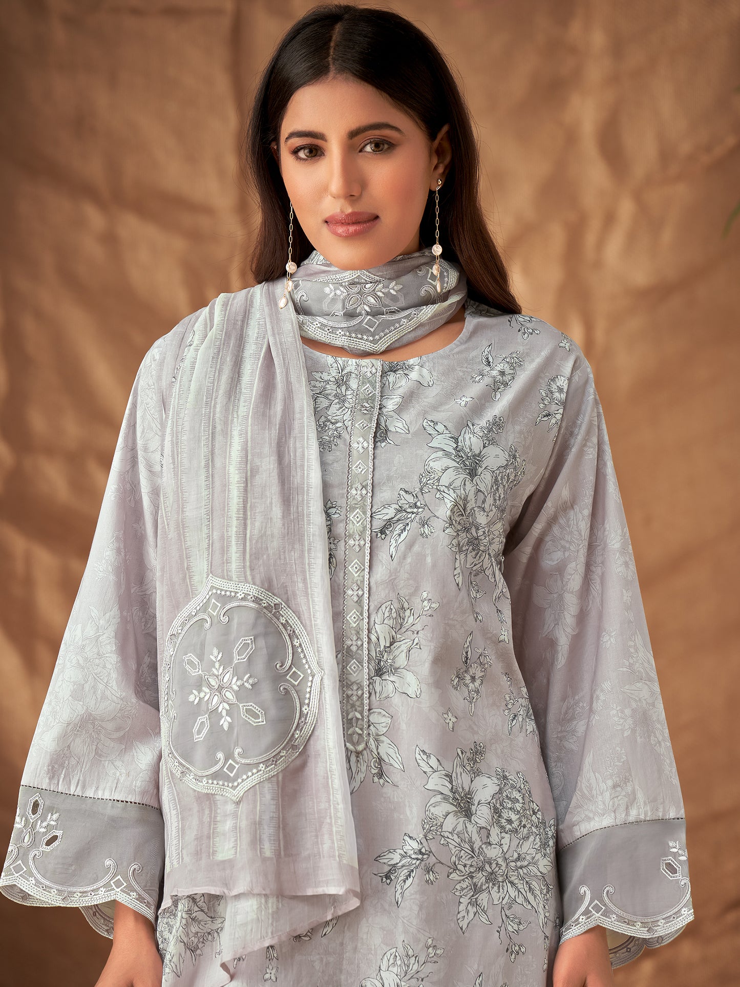PRISHA LIGHTGREY Pure Cotton Suit Set with Intricate Handwork and Embroidery