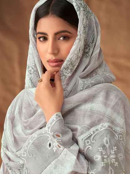 PRISHA LIGHTGREY Pure Cotton Suit Set with Intricate Handwork and Embroidery