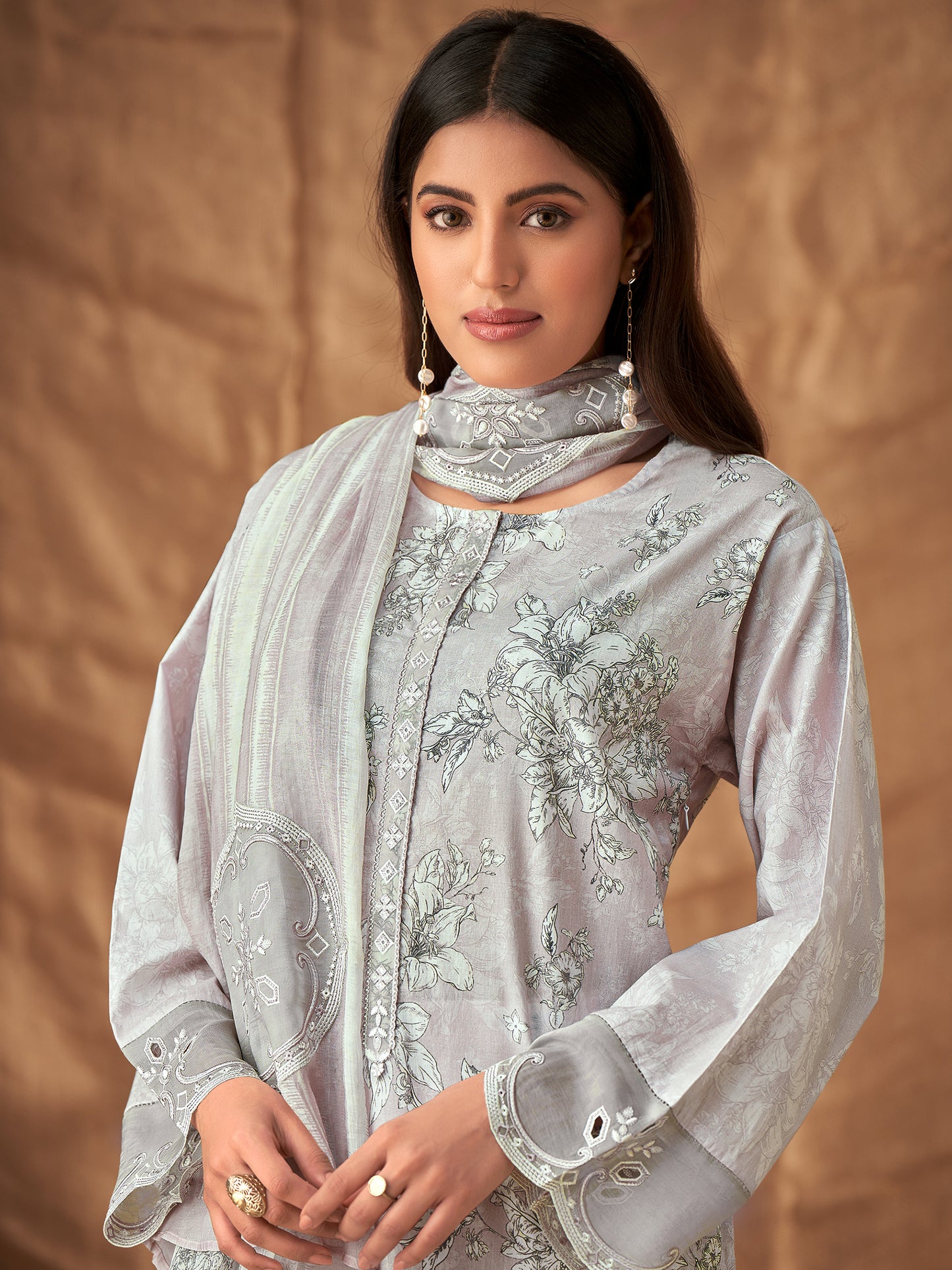 PRISHA LIGHTGREY Pure Cotton Suit Set with Intricate Handwork and Embroidery