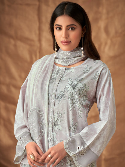 PRISHA LIGHTGREY Pure Cotton Suit Set with Intricate Handwork and Embroidery