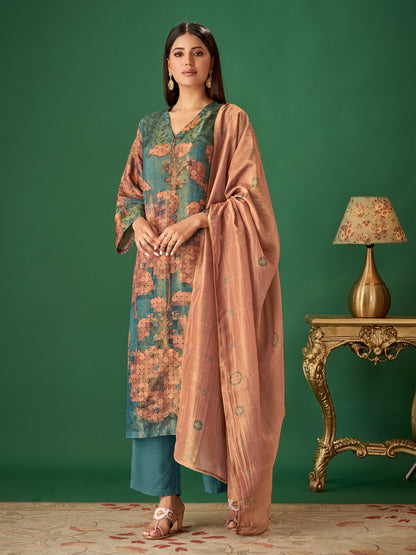NIYATI Sophisticated Rama Green Pure Shimmer Jaquard Suit Set with Exquisite Handwork