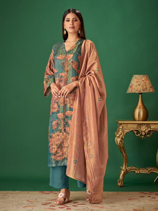 NIYATI Sophisticated Rama Green Pure Shimmer Jaquard Suit Set with Exquisite Handwork