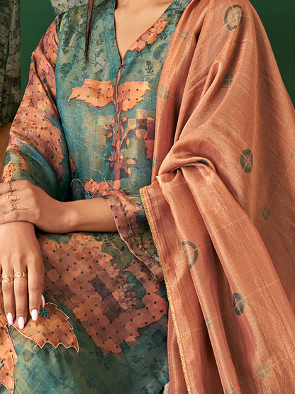NIYATI Sophisticated Rama Green Pure Shimmer Jaquard Suit Set with Exquisite Handwork